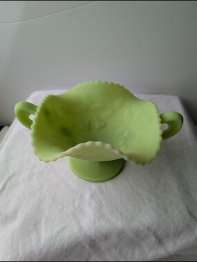 Vintage Fenton UV Glows Lime Green Satin Glass Two-Handled Pedestal Bowl